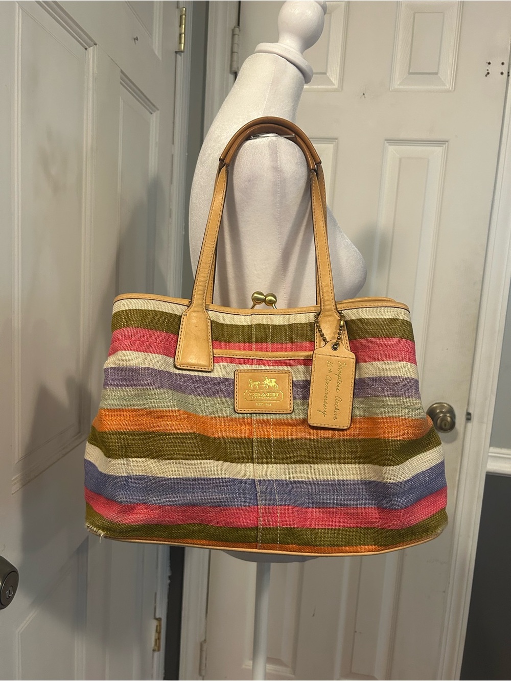 Vintage Coach Hampton Archive Kisslock 10th Anniversary Signature Striped Tote